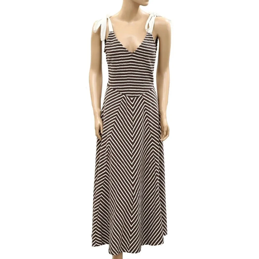 Free People Free-Est Cecelia Midi Dress Striped Printed Smocked Cotton L 286347